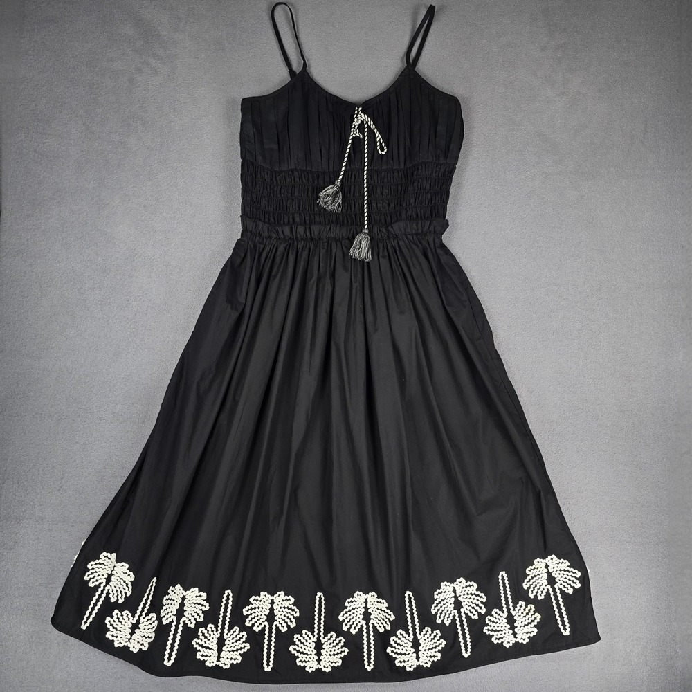 Rails Baja Dress Womens Large Black Palm Trees Embroidered Smocked Cotton NWT - Picture 2 of 14